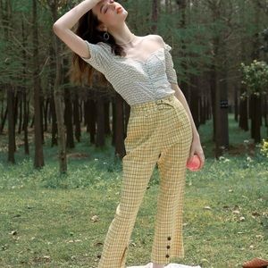 Yellow Gingham Flared Pants (Petite Studio NYC)